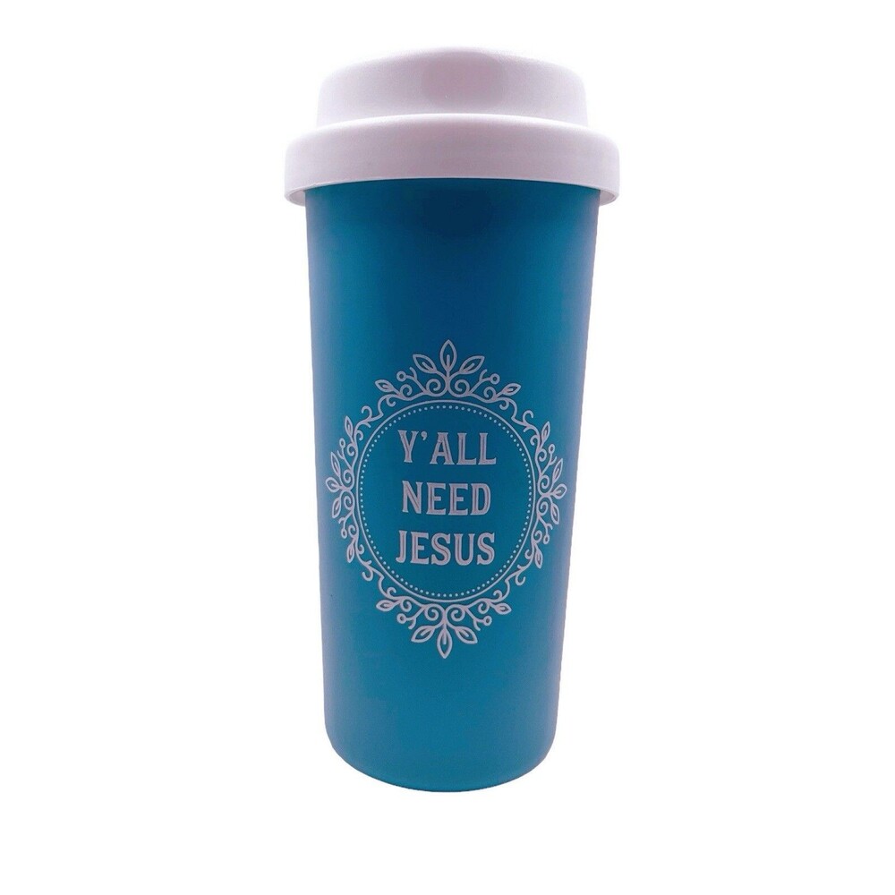 Double Wall Cup BPA Free Travel Hot Cold Plastic Blue & White Y’all Need Jesus